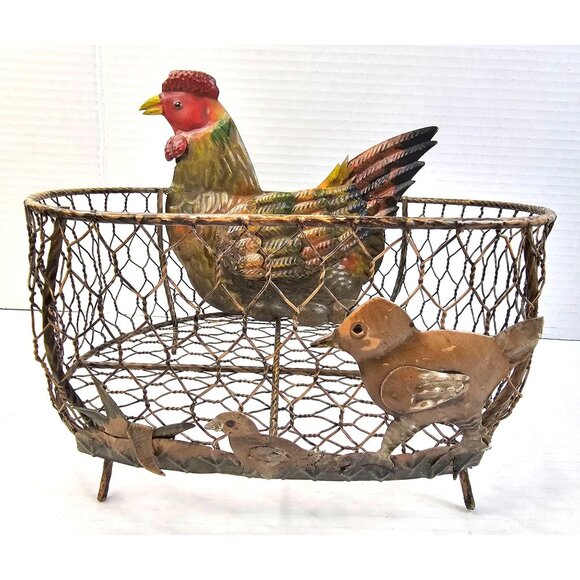 Vintage Rustic Collectible Metal Wire Chicken Basket Hen Chicks Farmhouse Decor - Picture 1 of 8